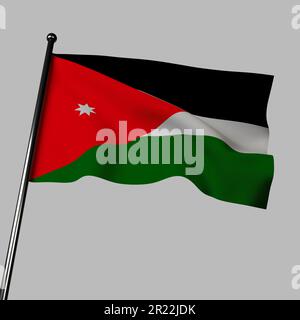 3D drapeau Jordan sur fond gris. Le motif tricolore, noir, blanc et vert, représente l'Abbasside, Umayyad, Et les califats Fatimides respent Banque D'Images