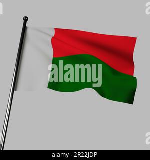 Drapeau de Madagascar agitant dans le vent sur fond gris. 3D illustration présentant le tricolore de vert, rouge et blanc, symbolisant le pays Banque D'Images