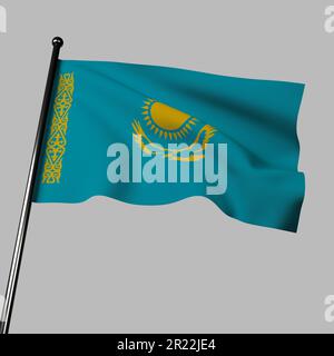 Le drapeau kazakh flotte dans le vent sur un fond gris dans ce rendu de 3D. La couleur bleu clair du drapeau représente la paix et l'unité, tandis que l'or Banque D'Images
