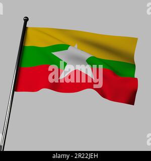 Le drapeau du Myanmar, une illustration de 3D, se courbe sur fond gris. Son jaune signifie la solidarité, le vert représente la paix et la tranquillité, et le Banque D'Images