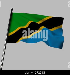 Drapeau tanzanien de 3D agitant dans le vent, isolé sur gris. Le drapeau comporte des bandes horizontales de vert, jaune, noir et bleu. Les couleurs symbolisent le cou Banque D'Images