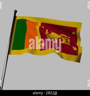 Le drapeau du Sri Lanka de 3D agitant dans le vent, isolé sur un fond gris. Le drapeau est doté d'un lion d'or tenant une épée sur un fond marron Banque D'Images