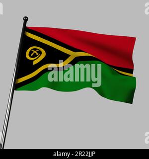 Le drapeau de Vanuatu vole fièrement en 3D sur fond gris. Il présente des bandes horizontales de rouge, vert et noir, avec une forme y jaune Banque D'Images