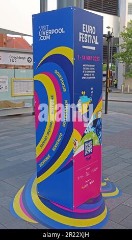 Liverpool Eurofestival 2023 publicité, Liverpool One bus Station, Paradise Street, Liverpool, Merseyside, Angleterre, ROYAUME-UNI, L1 8LT Banque D'Images