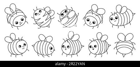 Ensemble de doodle linéaire de personnages de miel d'abeille. Bandes dessinées enfants des insectes d'abeilles avec visages amusants d'émotion. Mignon dessiné été vintage comic smiley rayures abeilles rétro dessin animé illustration vectorielle Illustration de Vecteur