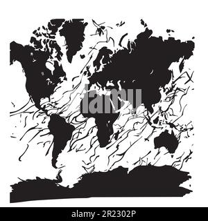 Une carte du monde avec des lignes dessinées pinceau contour d'arrière-plan art Illustration de Vecteur