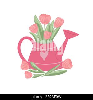 Illustration vectorielle d'une arrosoir avec tulipes isolées de l'arrière-plan. Photo romantique d'été avec bouquets de fleurs dans un vase en métal. Gardenin Illustration de Vecteur