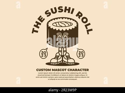 Joli dessin de style vintage représentant un personnage de mascotte à sushi avec des pieds Illustration de Vecteur