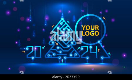 Modèle de cartes de nouvel an et de Noël heureux dans le style de la nouvelle technologie. Arbre de Noël, 2024 ans sur carte de circuit imprimé. Chute de neige, flocons de neige Illustration de Vecteur