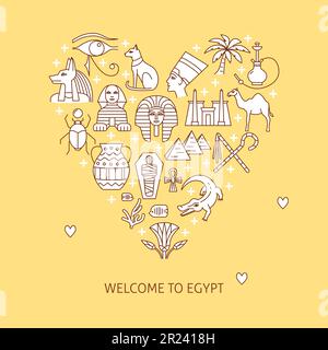 Affiche avec icônes égyptiennes en style ligne. Symboles nationaux, y compris pharaon, Sphinx et pyramides. Illustration vectorielle avec place pour le texte. Illustration de Vecteur