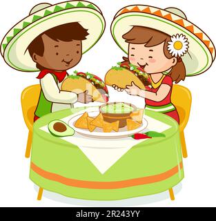 Les enfants mexicains à la table du restaurant mangent des tacos. Illustration vectorielle Illustration de Vecteur