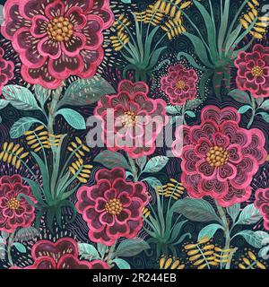 Petites et grandes fleurs mignons. illustration aquarelle. Motif sur fond bleu foncé pour les tissus, les vêtements, pour adultes et enfants, pour le linge de lit. Banque D'Images