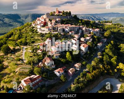 Vue aérienne de l'ancienne ville de Motovun en été, située au sommet de la montagne. L'ancienne forteresse est entourée d'une forêt. Croatie Banque D'Images