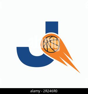 Concept de logo lettre J Basketball avec icône Moving Basketball. Symbole de logo de boule de panier Illustration de Vecteur