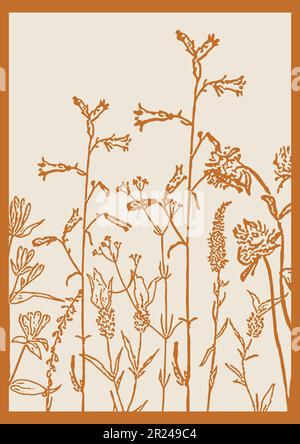 Affiche d'art aux couleurs neutres avec herbe, fleurs et herbes. Illustration de Vecteur