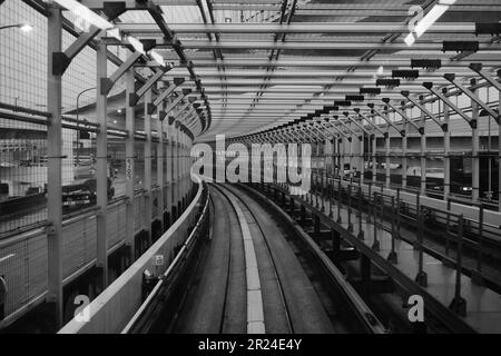 Photo en niveaux de gris d'une station de métro avec un grand nombre de voies et de rails à Tokyo, au Japon. Banque D'Images