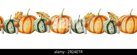 Bordure sans couture aquarelle avec citrouilles, feuilles de chêne d'automne et champignons isolés. Thanksgiving, Halloween illustration pour les designers, scrapbooking. Banque D'Images