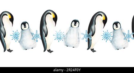 Bordure hivernale aquarelle avec pingouins et flocons de neige isolés. Peinture à la main de bannières réalistes de l'Arctique et de l'Antarctique avec des mammifères marins. Pour la conception Banque D'Images