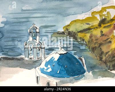 Belle illustration aquarelle de Santorini Grèce Banque D'Images