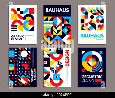 Affiches géométriques abstraites de bauhaus, motif d'arrière-plan moderne avec des formes minimales. Modèles de mise en page d'art à la mode vectoriel avec typographie en gras et éléments colorés de cercle, triangle, point, ligne et carré Illustration de Vecteur