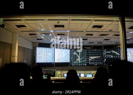 Houston USA 4th février 2023: À l'intérieur du centre de contrôle de mission Apollo dans le centre spatial de houston. L'installation où la NASA a surveillé neuf Gémeaux et tous les Apollo l Banque D'Images