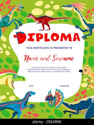 Personnages de dinosaure de dessin animé de diplôme pour enfants. Modèle de cadre Vector Award avec les personnages Funny Dilosaurus, Oviraptorm, Troodon et Carnotaurus dino. Certificat de trophée pédagogique en paléontologie Illustration de Vecteur