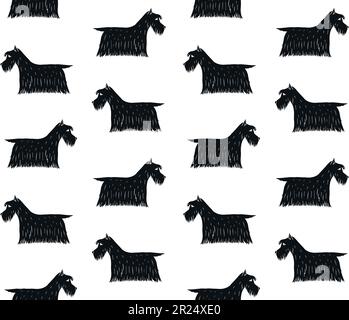 Motif vectoriel sans couture d'un dessin d'un chien terrier écossais noir dessiné à la main, isolé sur fond blanc Illustration de Vecteur