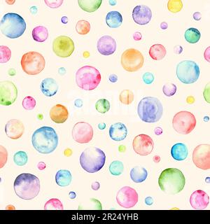 Résumé aquarelle bulles anniversaire fête fond. Formes géométriques multicolores dessinées à la main cercles motif sans couture. Texture aquarelle. Imprimer pour Banque D'Images