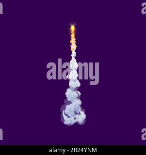 Sentier de fumée de fusée de dessin animé, flamme de jet et nuages de vapeur. Effet de mouvement vectoriel ou de vitesse du lancement d'un vaisseau spatial ou d'une navette, du jet d'air de décollage vertical d'une fusée ou d'un missile et du débit de vapeur blanche Illustration de Vecteur
