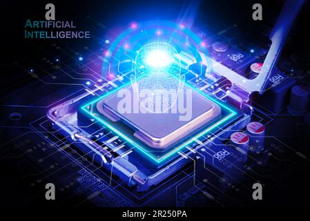 Ai concept de l'intelligence artificielle, gros plan du microprocesseur sur la carte mère de l'ordinateur avec interface de circuit électronique dans un arrière-plan sombre Banque D'Images