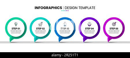 Modèle d'infographie avec icônes et 5 options ou étapes. Cercles d'une ligne. Peut être utilisé pour la mise en page de flux de travail, le diagramme, la bannière, la conception Web. Illustrateur vectoriel Illustration de Vecteur