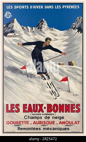 Les Sports d'hiver dans les Pyrénées. Les eaux-bonnes (basses Pyrénées) par Ajax (dates inconnues). Affiche publiée en 1935 en France. Banque D'Images