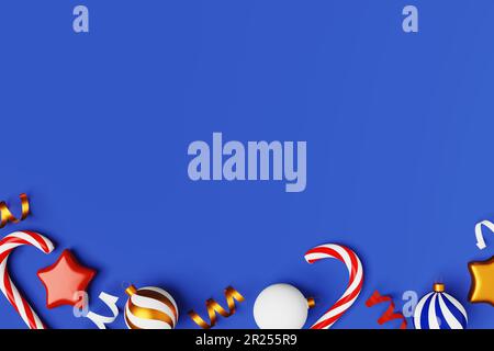 Noël ornement bonbons boule de canne rubans brillants 3D rendu fond bleu. Christmastide Lollipop bâton caramel fête Noël copie espace bannière. W Banque D'Images