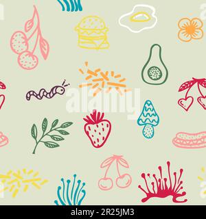 Motif sans couture avec éléments alimentaires psychédéliques. Design rétro des icônes de la taille basse. Motif style Doodle. Bande dessinée vintage trippy. Symboles de couleur 60 Illustration de Vecteur