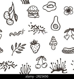 Motif sans couture avec éléments alimentaires psychédéliques. Design rétro des icônes de la taille basse. Motif style Doodle. Bande dessinée vintage trippy. Noir blanc Illustration de Vecteur