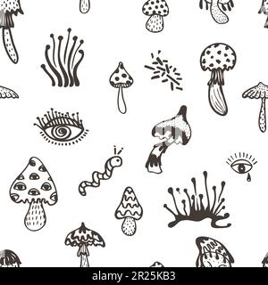 Motif sans couture avec éléments alimentaires psychédéliques. Design rétro des icônes de la taille basse. Motif style Doodle. Bande dessinée vintage trippy. Noir blanc Illustration de Vecteur