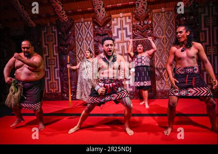 Powhiri, la danse traditionnelle de bienvenue Māori Banque D'Images