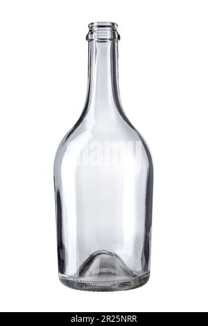 Flacon vide en verre transparent de type champagnotta isolé sur blanc avec passe-cheveux. Bouteille de vin mousseux Charmat Method. Banque D'Images