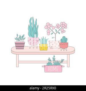 Dessins animés plantes maison dans des illustrations vectorielles de pot de fleurs. Décoration de maison tendance, table, jungle urbaine, mignons plantes de maison, pour autocollants, carte, histoire. Illustration de Vecteur