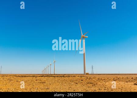 Tarfaya, Maroc - 30 avril 2022 : éoliennes dans le parc de Tarfaya au Maroc Banque D'Images