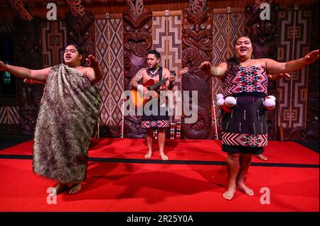 Powhiri, la danse traditionnelle de bienvenue Māori Banque D'Images