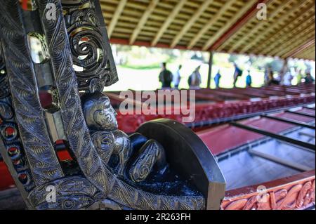 Ngatokimatawhaorua : il s'agit d'un énorme waka taua, un canot de guerre traditionnel de Māori, mesurant environ 35 mètres de long. Ngatokimatawhaorua est le plus grand waka taua de Nouvelle-Zélande et est souvent utilisé à des fins de cérémonie. Il représente les fortes traditions maritimes du peuple Māori et sert de symbole de l'identité culturelle. Banque D'Images