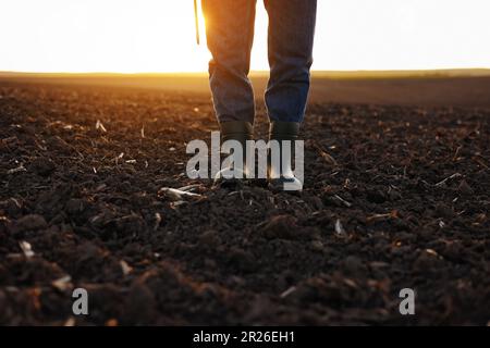 Agriculture. Plan court de voir l'homme d'affaires fermier en bottes de caoutchouc marche le long du champ labouré avec tablette numérique. Contrôle et analyse par un agronome fe Banque D'Images