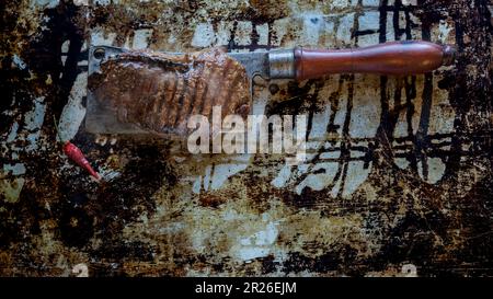 Steak de Sirloin grillé sur un hachoir à viande d'époque, fond rustique Banque D'Images