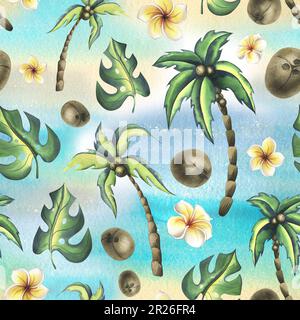 Cocotiers tropicaux et feuilles de monstère avec fleurs frangipani. Illustration aquarelle, style de dessin animé, dessin à la main. Motif sans couture bleu Banque D'Images