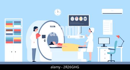 Imagerie par résonance magnétique dans une clinique moderne avec un médecin. Acquisition cérébrale, tomodensitométrie ou irm. Soins de santé, vérifier dans l'hôpital scène de vecteur récente Illustration de Vecteur
