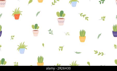 Plantes naturelles en pots motif sans couture. Éléments de serre, jardin d'accueil et plantation. Herbe et verdure, motif de jardinage à imprimé vectoriel Illustration de Vecteur