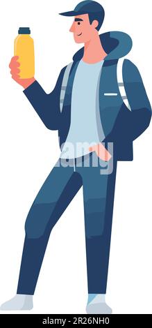 Une personne marchant avec un sac à dos, tenant une boisson Illustration de Vecteur
