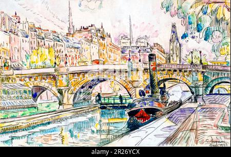 Remorqueur au Pont neuf, Paris peinture en haute résolution par Paul Signac. Original du MUSÉE MET. Banque D'Images
