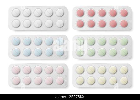 Vector Realistic Round Pharmaceutical Medical Pills, vitamines, capsule dans blister ensemble fermé isolé. Modèle de conception de pilules, Collection. Avant, Haut Illustration de Vecteur